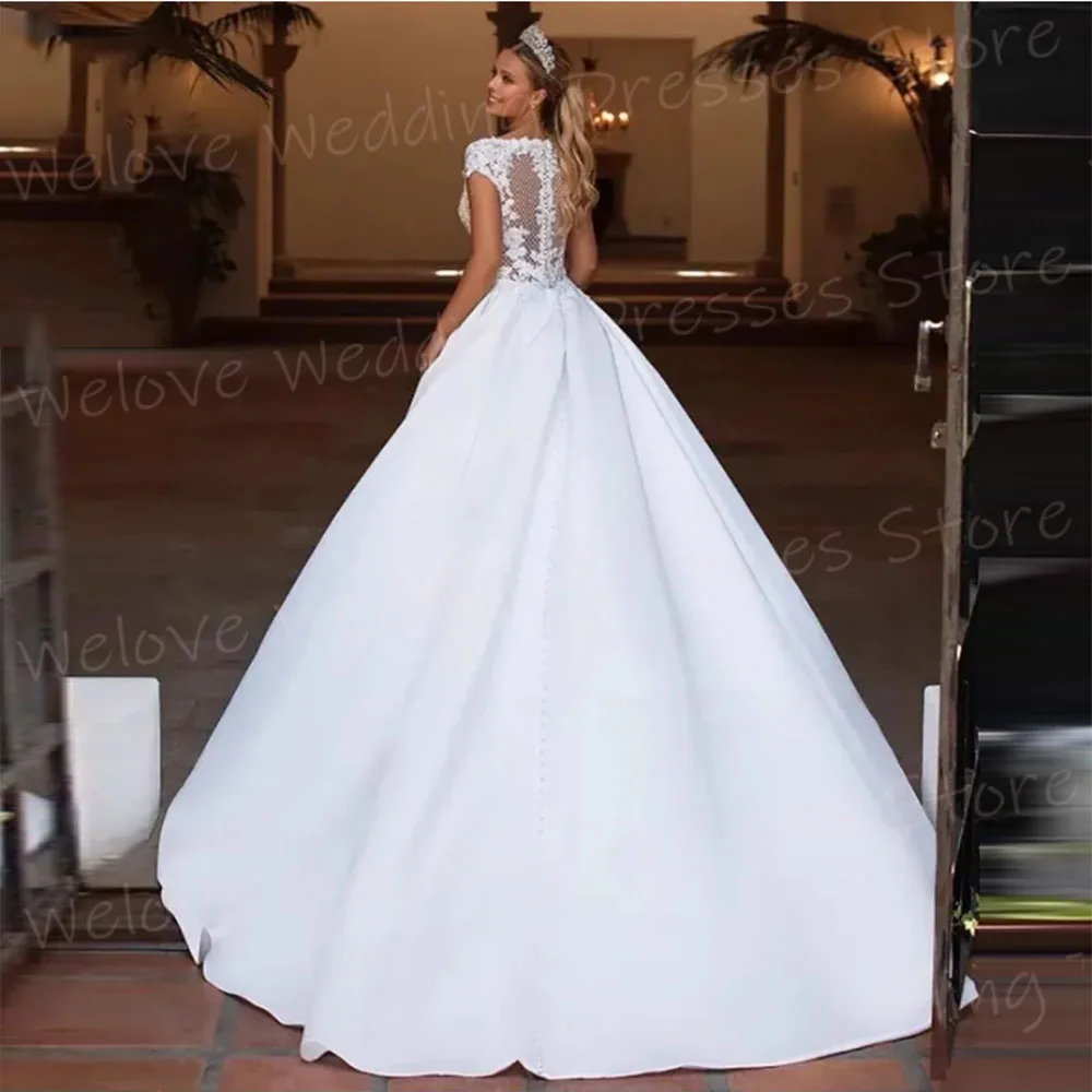 Vestidos de novia de línea A con cuello en V profundo para mujer, Vestidos de novia elegantes con manga de casquillo, Apliques de encaje modernos, encantador