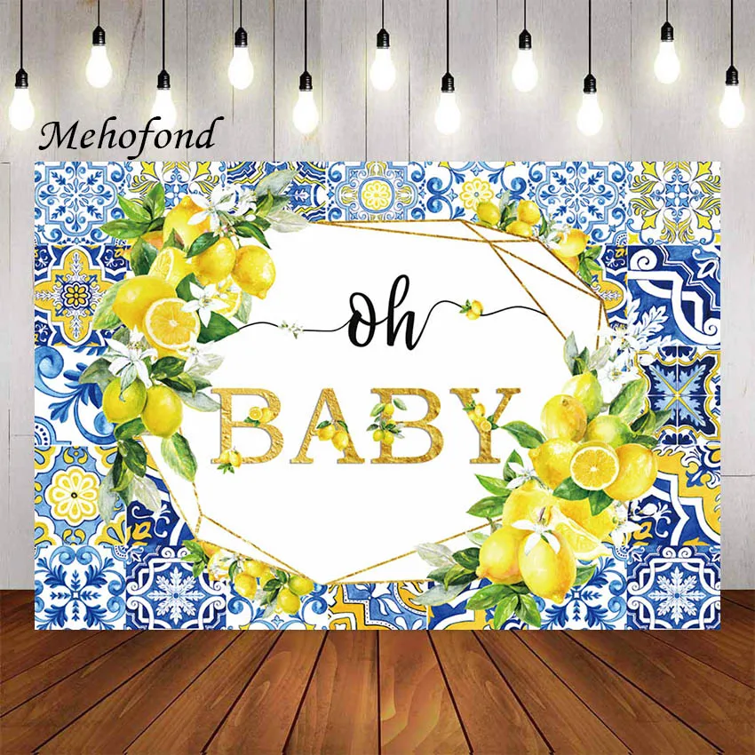 

Mehofond Photography Background Lemon Oh Baby Shower Blue Tile Floral Print Gender Reveal Kids Bday Decor Backdrop Photo Studio