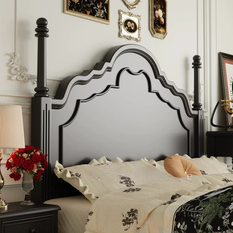 Full Size Wooden Bed Vintage Black Minimalist French Sleeping Bed Bedroom Home Furniture view 5