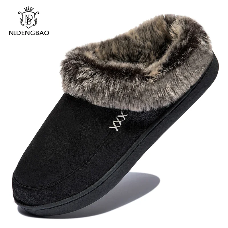 

Men Slippers Black Winter Suede Slippers Warm Indoor Slipper Waterproof Home Soft Slippers Men Warm Velvet Fur Knitting Shoes