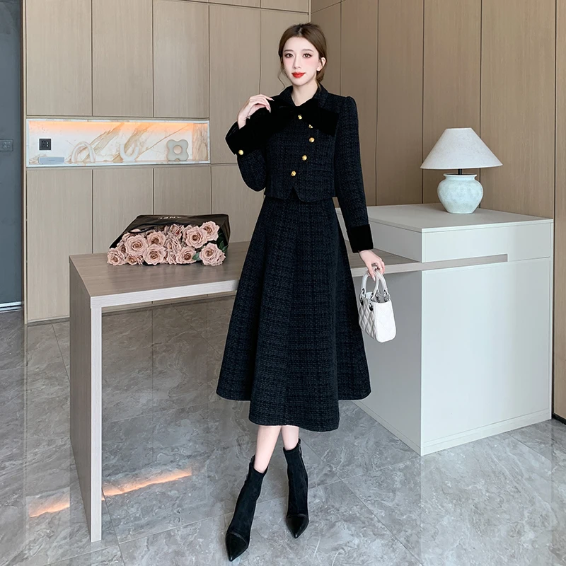 Fall Small Fragrance Vintage Two Piece Set Women Crop Top Short Jacket Bow Coat + Heigh Waist A-Line Skirts Sets 2 Piece Suits