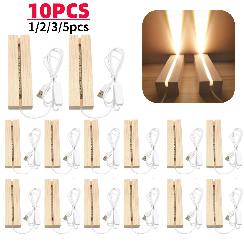 1-10pcs Rectangle Solid Wooden LED Base Strip Luminous Base USB Lighted Stand for Resin Letter Lamp Glass Resin Art