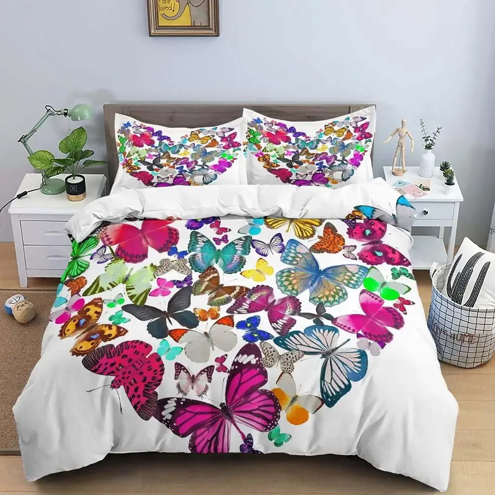 

Butterfly Duvet Cover Set Colorful Butterfly Heart Shape Comforter Cover Spring Fresh Style Animal Polyester Bedding Set Girls