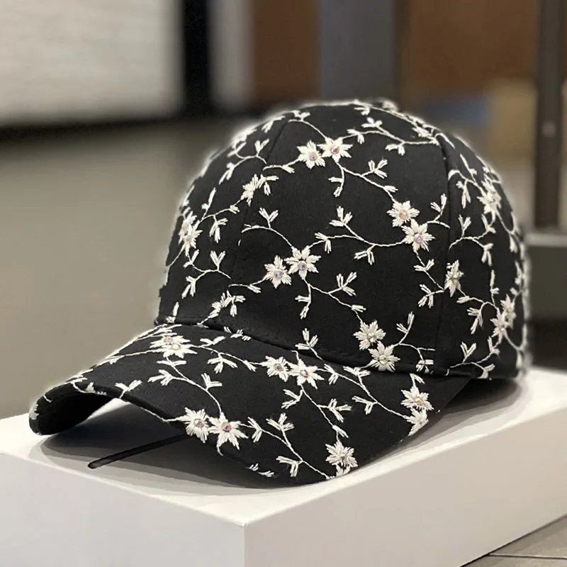 جديد لطيف زهرة التطريز مع أحجار الراين قبعة بيسبول الصلبة الصيف المرأة واقية من الشمس قبعة المراهقين القطن Snapback قبعات