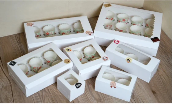 20pcs White Kraft Paper Box with window 1/2/3/4/6/8 Hole Cupcake Box Insert Small/Large Cake Packing Box Muffin Cardboard Box