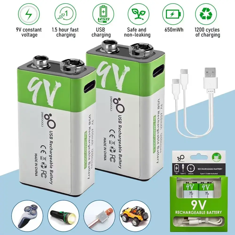 9V Lithium Ion Rechargeable Lithium  Battery Type-C USB Battery 9V Multimeter Microphone Metal Detector Cable Remote Control use