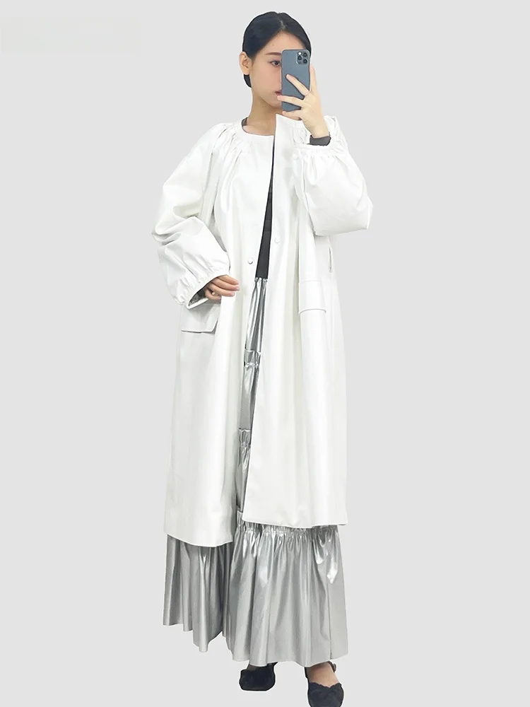 

Nerazzurri White Long PU Leather Jacket Women's High-End Feel Commute Style Folded Loose Fit Winter New Arrival