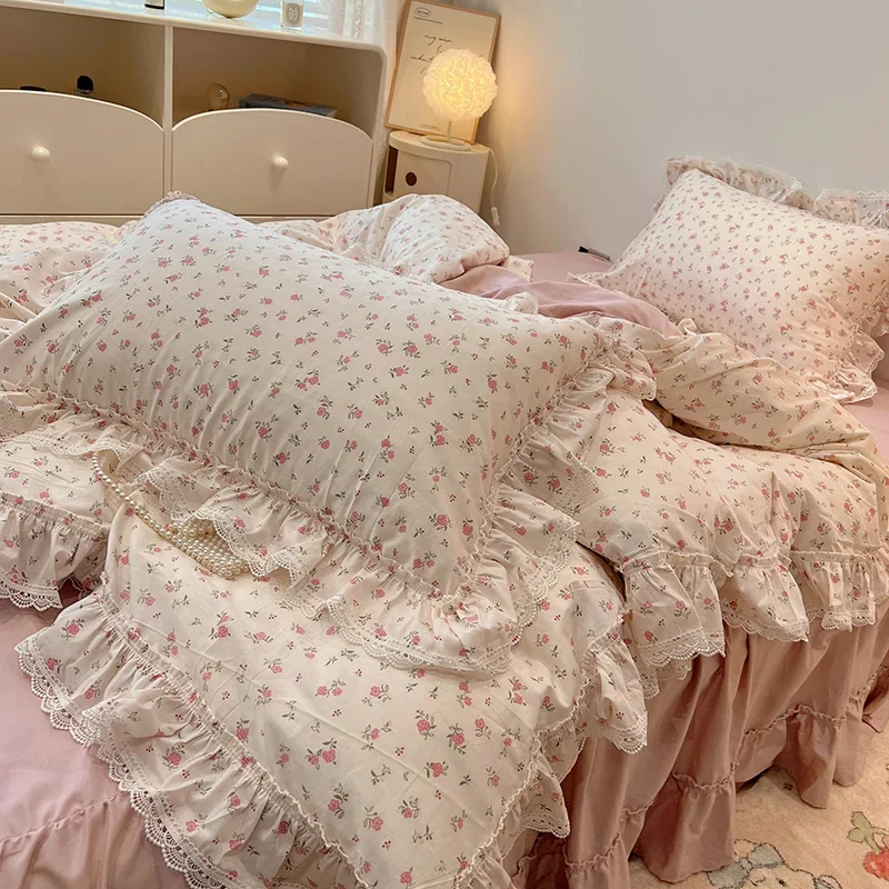 100% Cotton Vintage Countryside Rose Floral Lace Ruffles Duvet Cover Set Bed Skirt Or Bed Sheet Pillowcases Girls Bedding Set