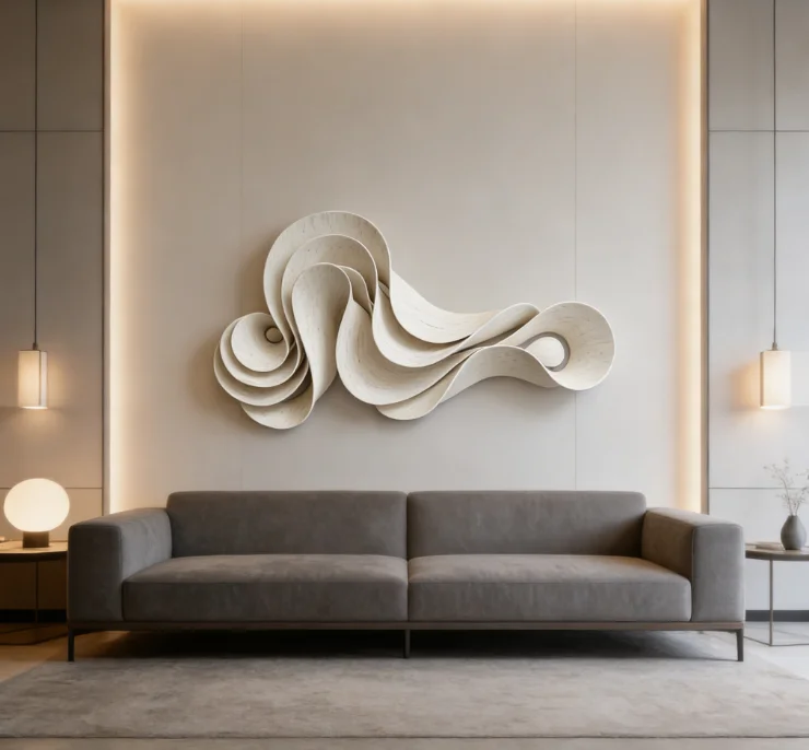 

！@White Decorative Corrugated Wood Wall Art Modern Minimalist Home Decor 3D Curved Sculpture