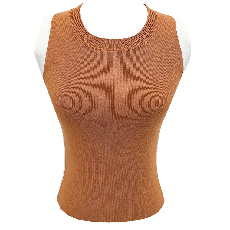 6961 Letnia francuska bluzka bez rękawów z okrągłym dekoltem, blokami kolorów, dopasowanym krojem, wysokim stanem i krótkim krojem dla kobiet