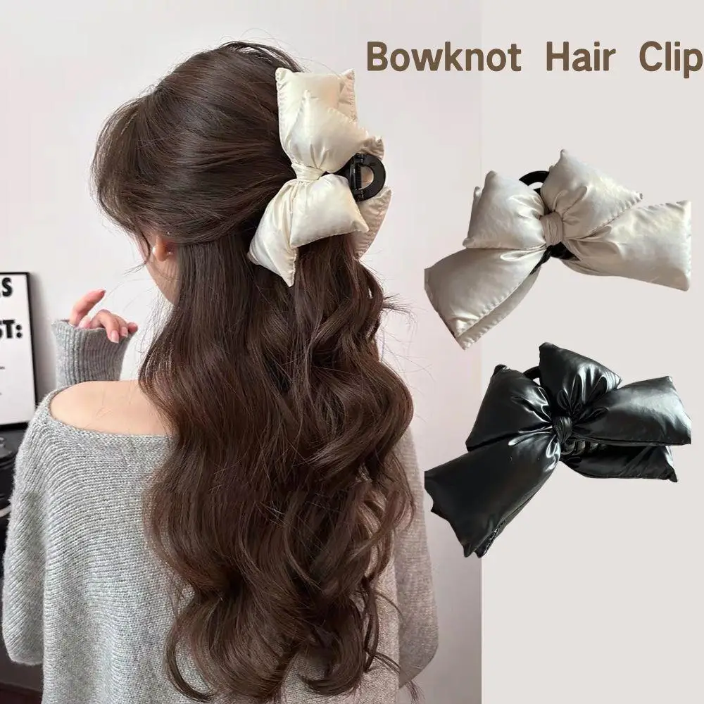 

1Pc Fashion Large Size Ponytail Clip Black White Leather Cotton Stuffing Bow Claw Clip Fashion Simple Hair Accessories For Women