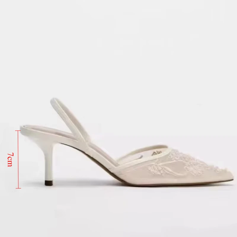 High Heels Women Sandals Vintage Embroidered Mesh White Pointed Toe Stiletto 2025 Summer Elegant Wedding Bridal Female Shoes