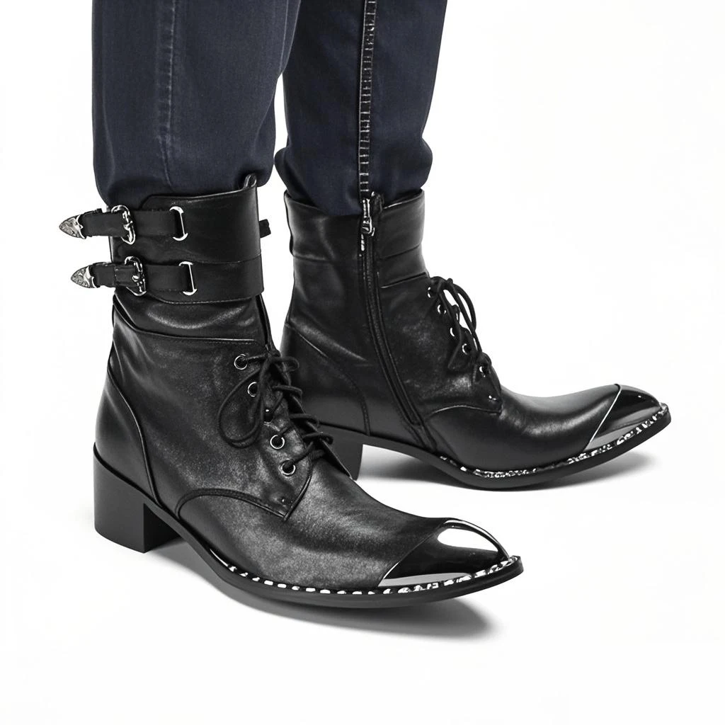 Schwarze Gürtelschnalle Weiches Leder Knöchel Herren Stiefel Westernstiefel Herren Spitzschuh Cowboy Schuhe Party Bota Masculina Herren, Große Größen – Detail 10
