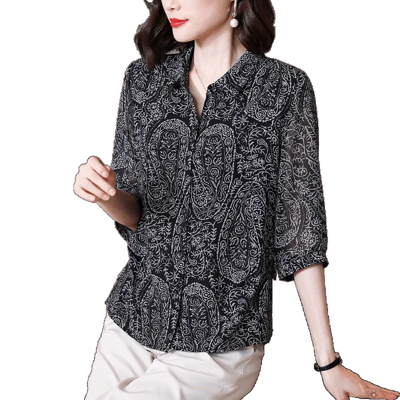 

Высококачественное шифоновое летнее платье для элегантных женщин: китайский винтажный стиль с рукавами три четвертиLD800215