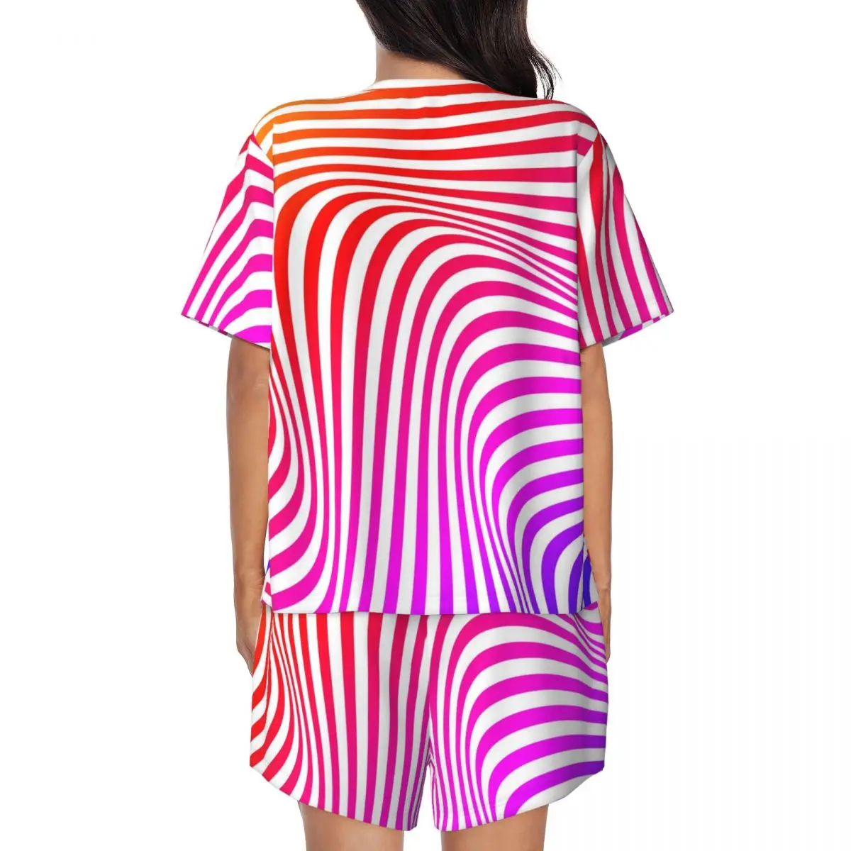 Abstract Striped Pajamas Psychedelic Print Room O Neck Sleepwear Female 2 Pieces Custom Short Sleeve Fashion Pajamas Set