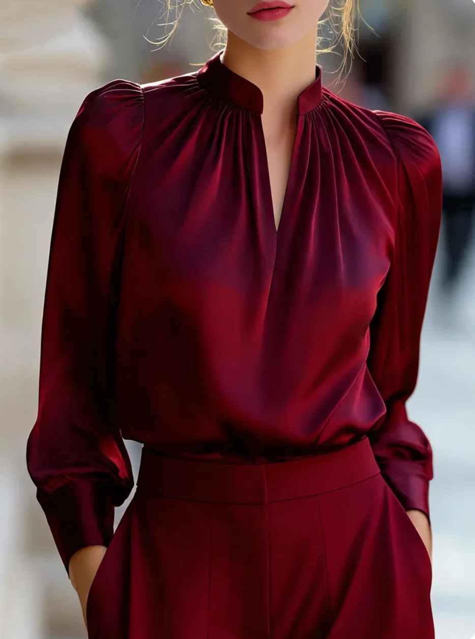 Women Formal Satin Shirt Mandarin Notch V‑Neck Gathered Detail Long Sleeve Straight Cuff Loose Fit Business Blouse Tops
