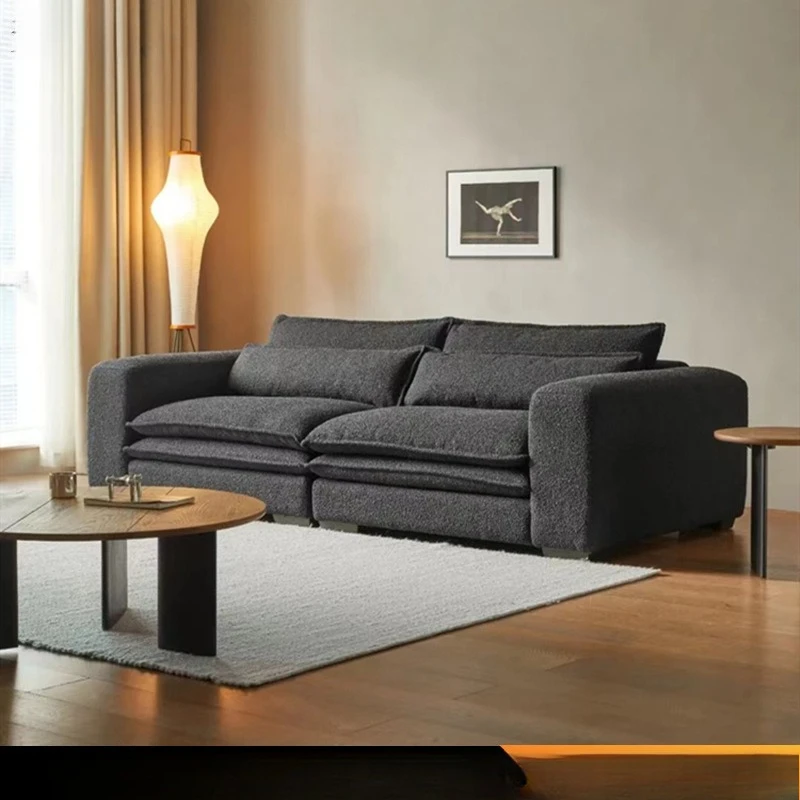 

Cream style black creative lamb wool removable and washable fabric sofa model room living room retro straight split sofa