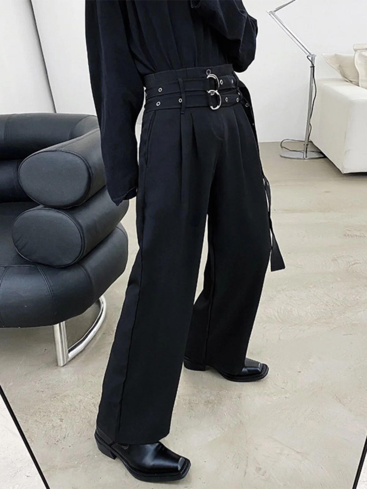 Retro High Waist Slimming Design Men's Loose Drapey Straight Leg Pants Trendy Long Hair Stylist Wide Leg Trousers