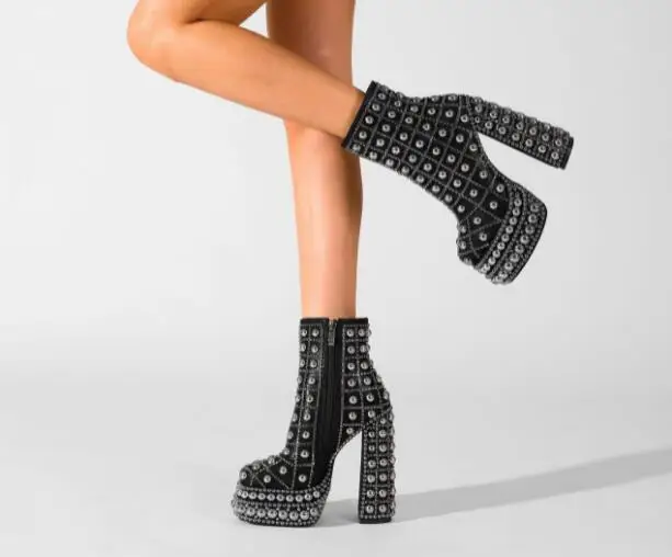 Women Black Pearl Rivet Studded Platform Ankle Boots Chunky Block High Heel Side Zipper Sparkly Party Club Fashion Short Booties