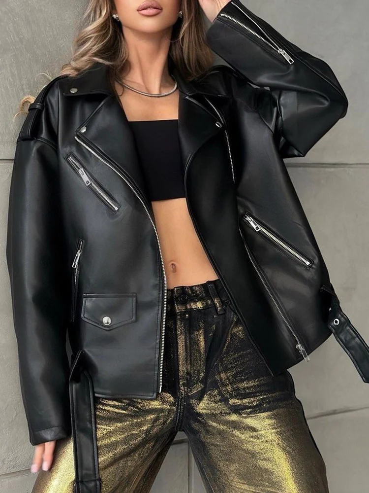 Ailegogo New Spring Autumn Women Loose Black Pu Faux Leather Jacket Moto Biker Streetwear Female Zipper Belt Coat Outwear