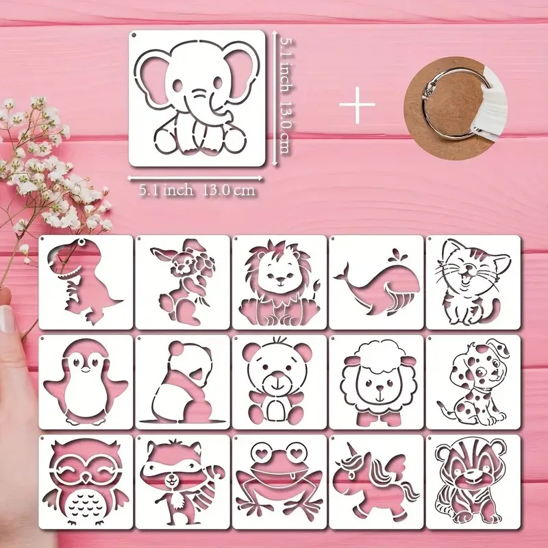 16 ورقة من قوالب الحيوانات الكرتونية الرائعة، استنسل قابل لإعادة الاستخدام للأطفال، مشاريع الرسم اليدوية اليدوية، تصميم لطيف #5