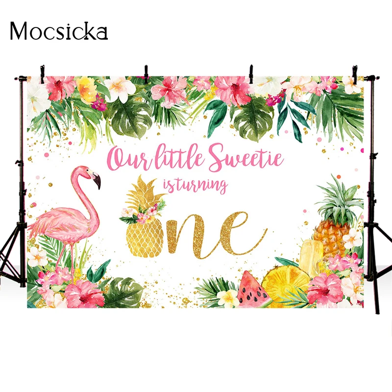 Sweet 1st Birthday Background Photography Summer Tropical Jungle Fruit Flamingo Decoration Photo Backdrop Studio Photo Props