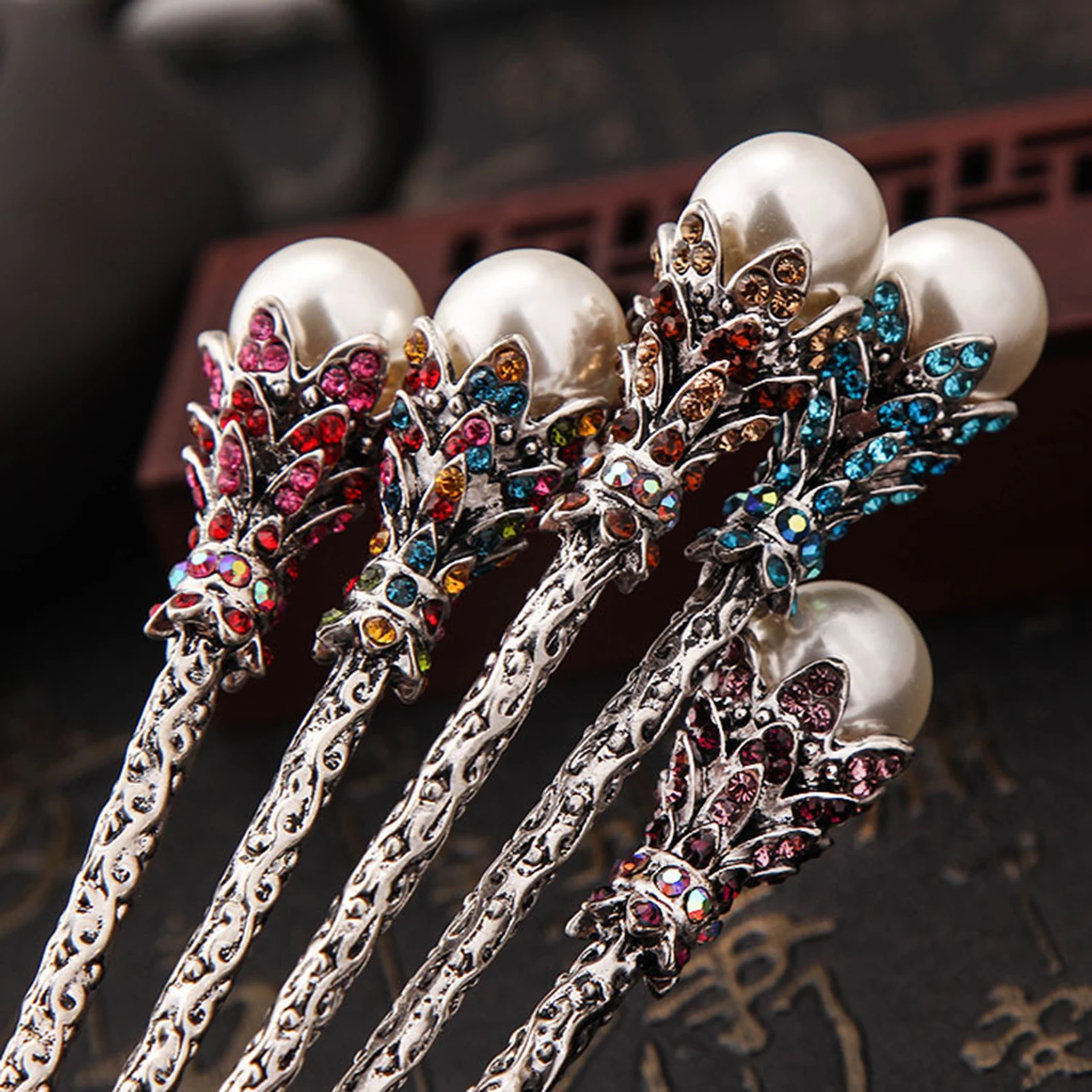 Ethnic Hair Stick Fork Metal Crystal Pearl Hairpin Chinese Hanfu Hair Accessories Vintage Girls Hair Bun Jewelry Retro Tiaras