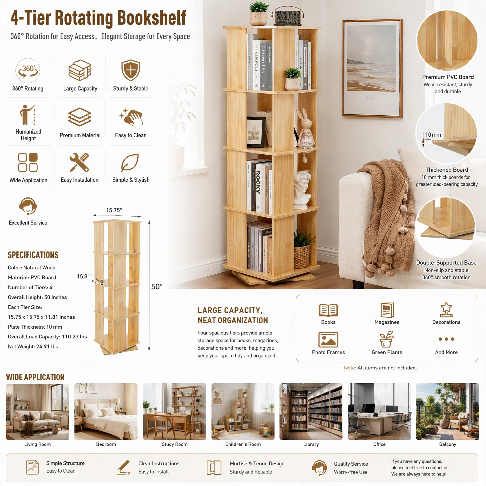 Rotating Bookshelf 360° Revolving Bookcase 4-Tier Display Shelf, Wood Color PVC Floor Standing Storage Rack for Living Room Bedroom Study, 110.23lbs Load