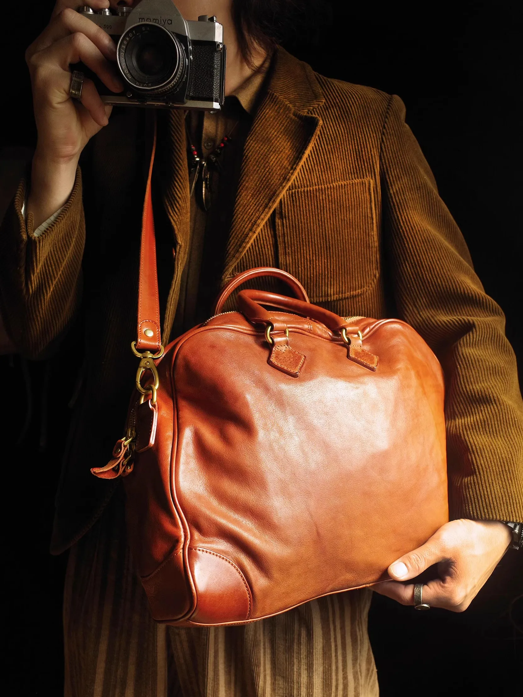 Simple vintage heavy vegetable tanned cowhide men's handbag casual travel genuine leather large capacity women's crossbody bag