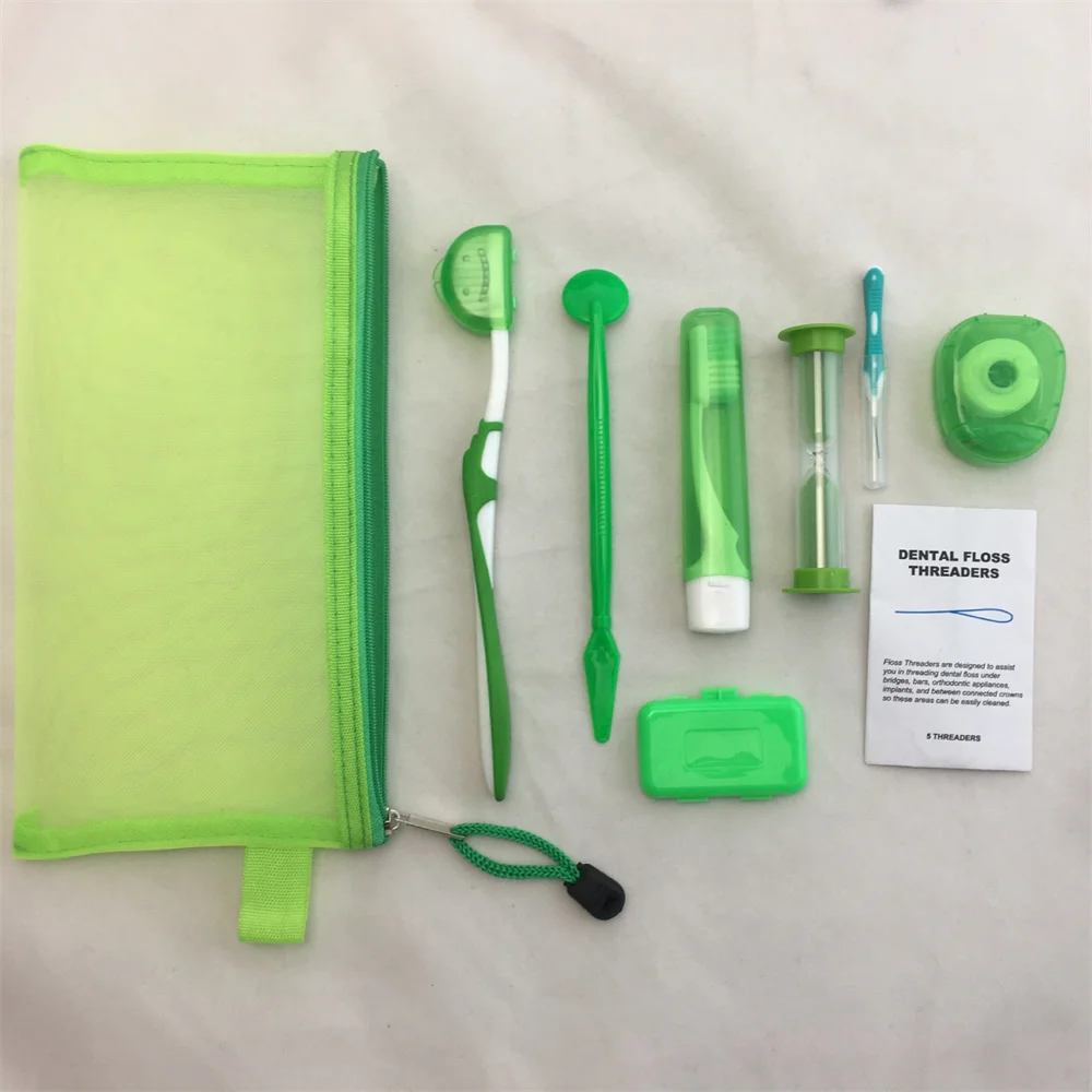 8pcs/set Travel Orthodontic Braces Care Cleaning Kit Foldable Toothbrush Interdental Brush Floss Threader Wax Sand Timer Mirror