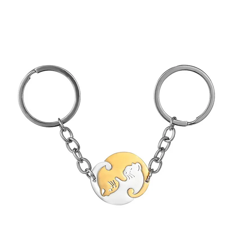 Small Item Portable Stainless Steel Keychain Heart-shaped Splicing Cat Yin