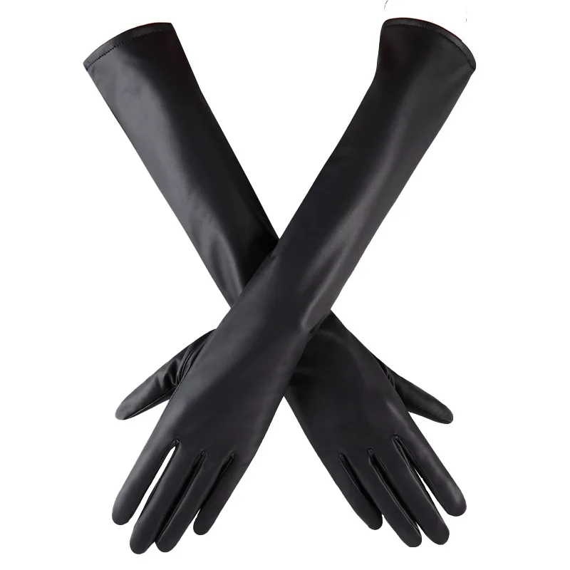 Fashion Women Winter Warm Simulation Leather Gloves Female Stage Performance Arm Sleeves Outdoor Full Finger Driving Long Mitten