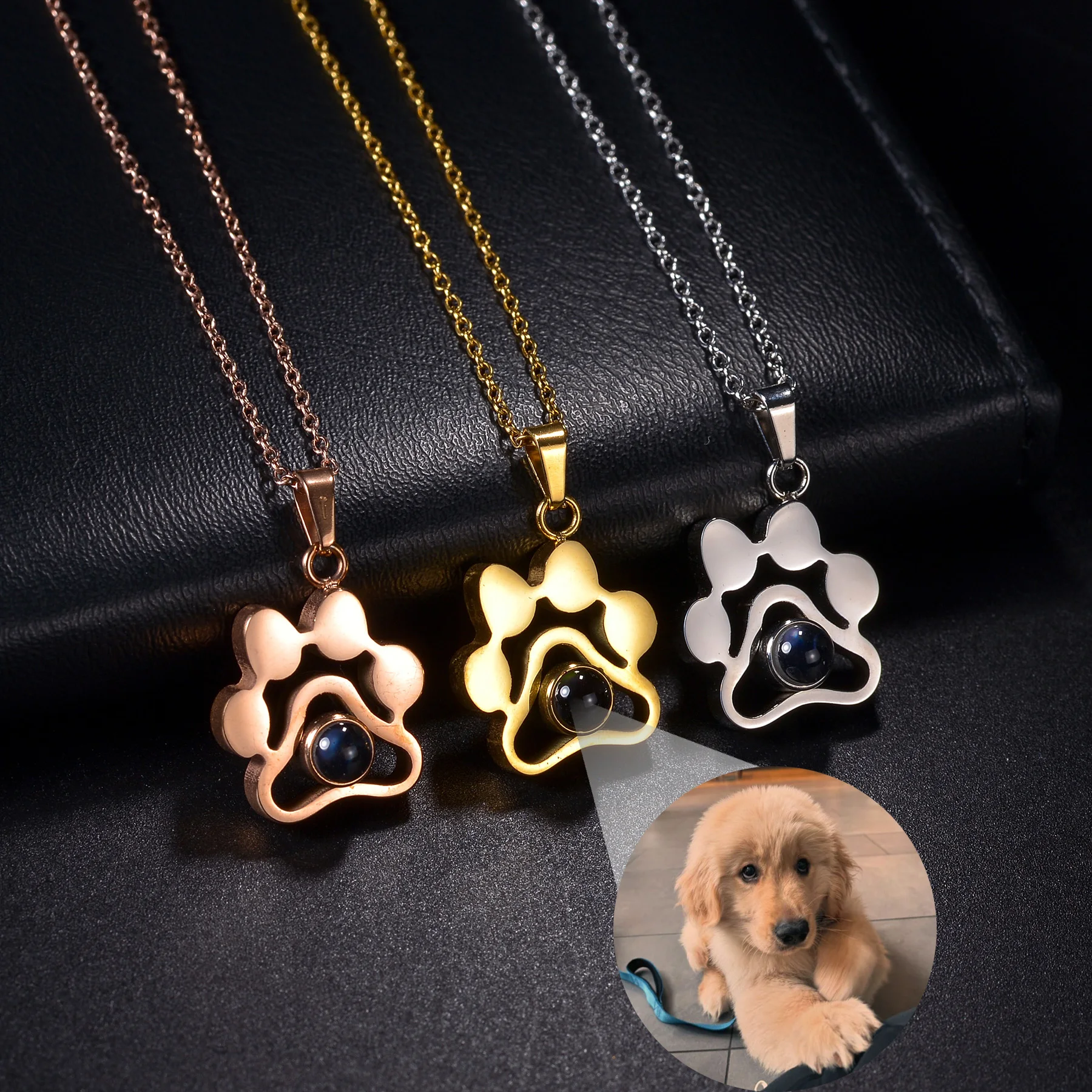 Sifisrri Personalized Dog Paw Projection Necklace For Women Family Custom Puppy Photo Memorial Pet Lover Picture Jewelry Gift