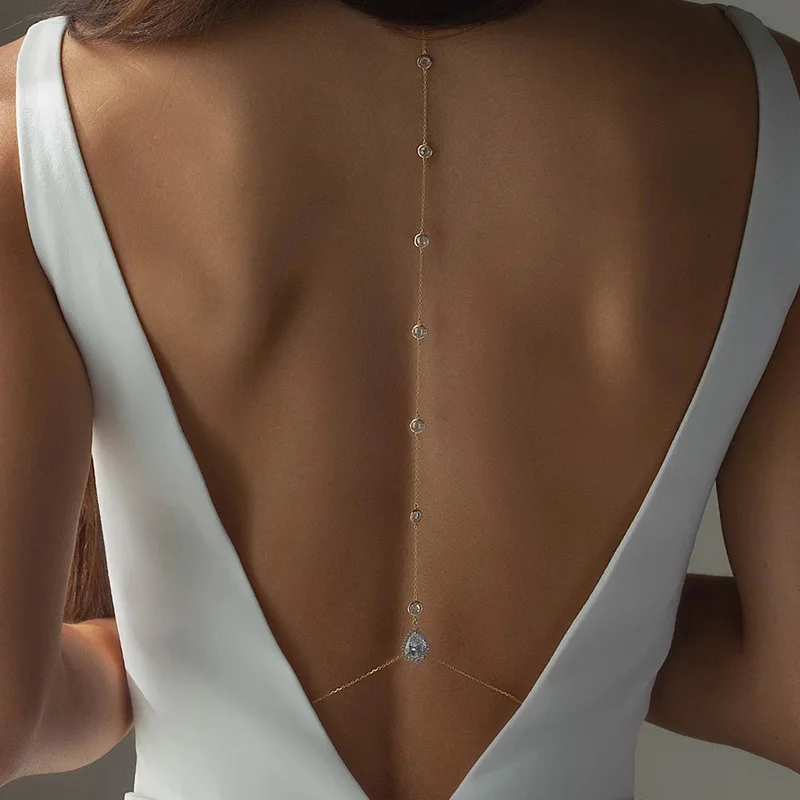 

New Star Back Chain Body Jewelry for Women Luxury Metal Water Drop Zircon Backless Necklace Bridal Wedding Dress Jewelry