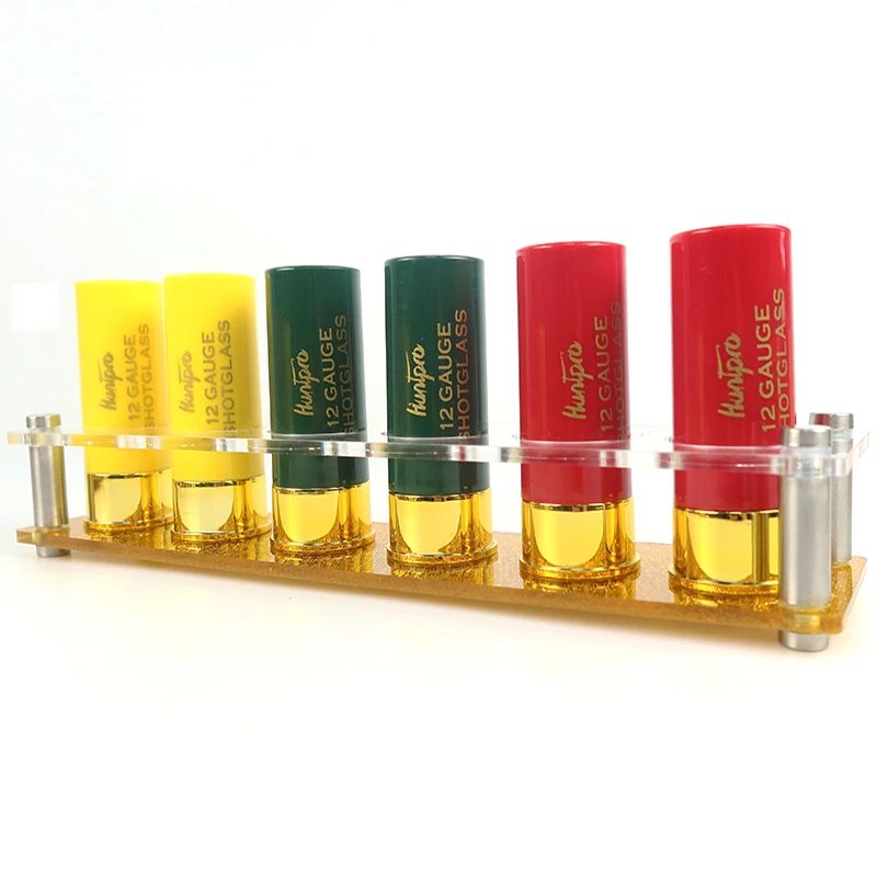 

Hunting Shooting Outdoor Tableware 6Pcs 12 Gauge Shotgun Shell Shot Glasses with Golden Acrylic Cup Holder Bullet Shape Cup Set