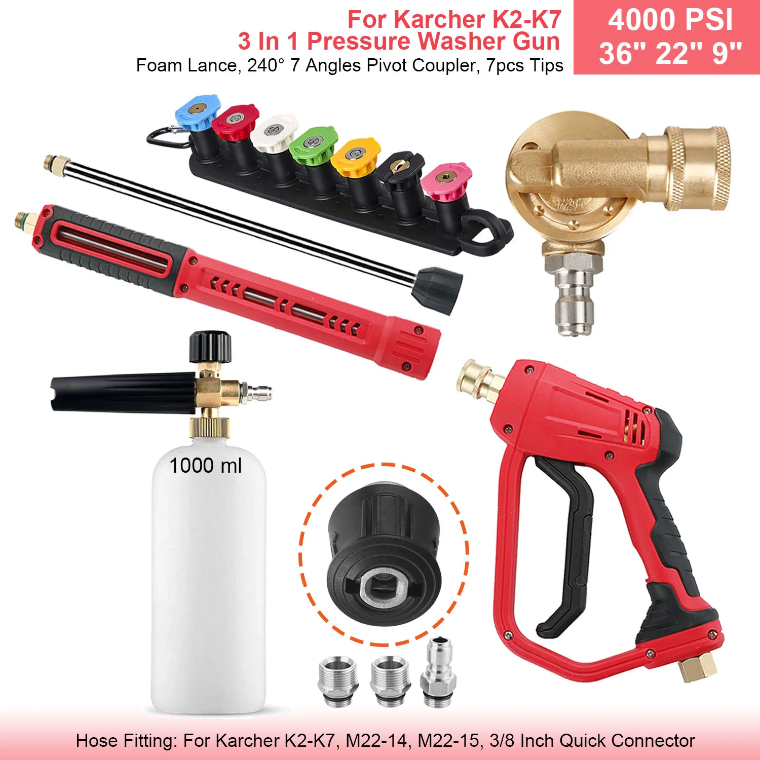 36 "In 4000 PSI Hogedrukreiniger Pistool Verlengstuk Nozzles Schuimlans 3 in 1 M22 14 15 mm 3/8 In Snelkoppeling Autoreiniger Kit