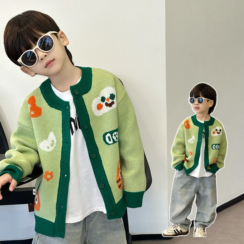 

Kids Cardigan Ages 2-11Y Baby Boy Casual Daily Spring&Autumn Green Color Knitwear Tween Vintage Outfit Child Japan Style Knitted