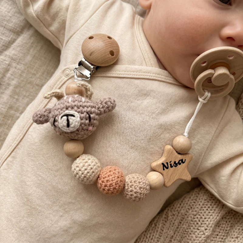 Personalized Baby Pacifier Clip Crochet Bear Wooden Star Teether Holder Custom Name Baby Shower Gift BPA Free Handmade Chain image 2