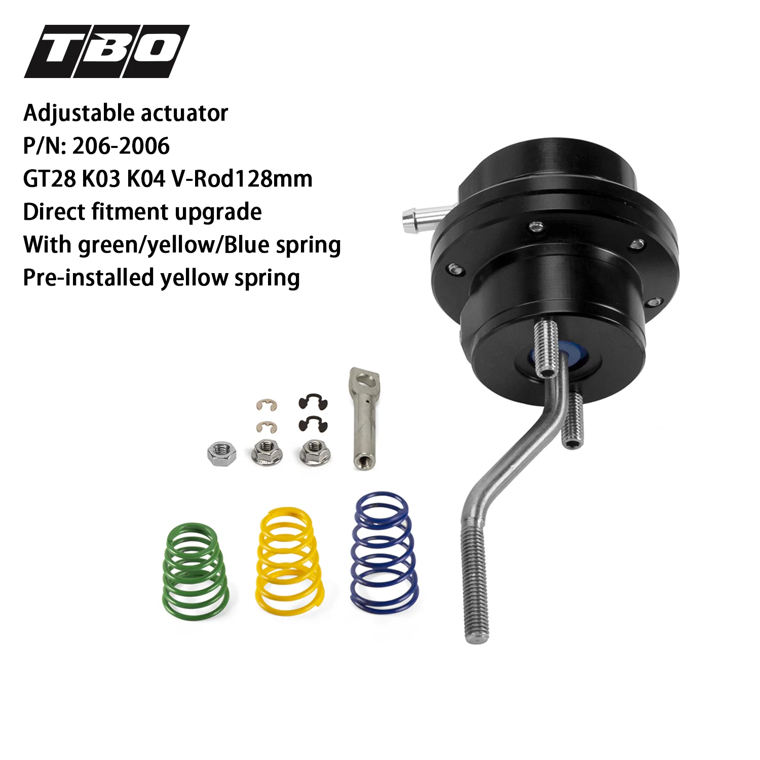 

Turbo Wastegate Adjustable Actuator V-Rod128mm For GT28 K03 K04 Turbo Direct Fitment With Green/Yellow/Blue Spring