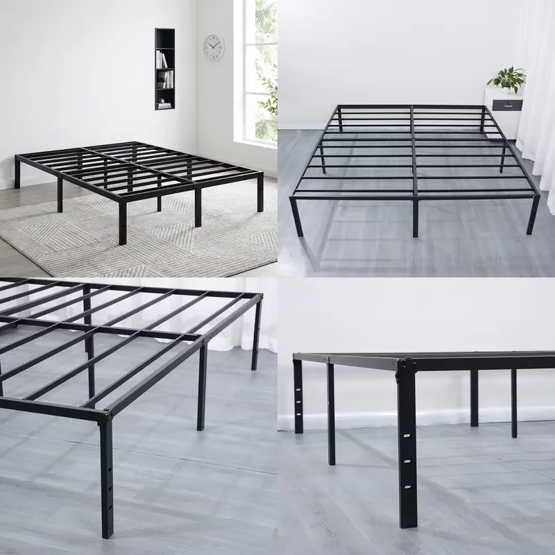 Modern Simple Matte Black Rubber Mat Reinforced Middle Beam Metal Slat Steel Full Size Platform Bed Frame
