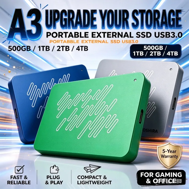 Portable A3 Series USB3.0 SSD External Hard Drive, 500GB 4TB Black Solid State Disk 1TB 2TB for Gaming Console & Office Mac