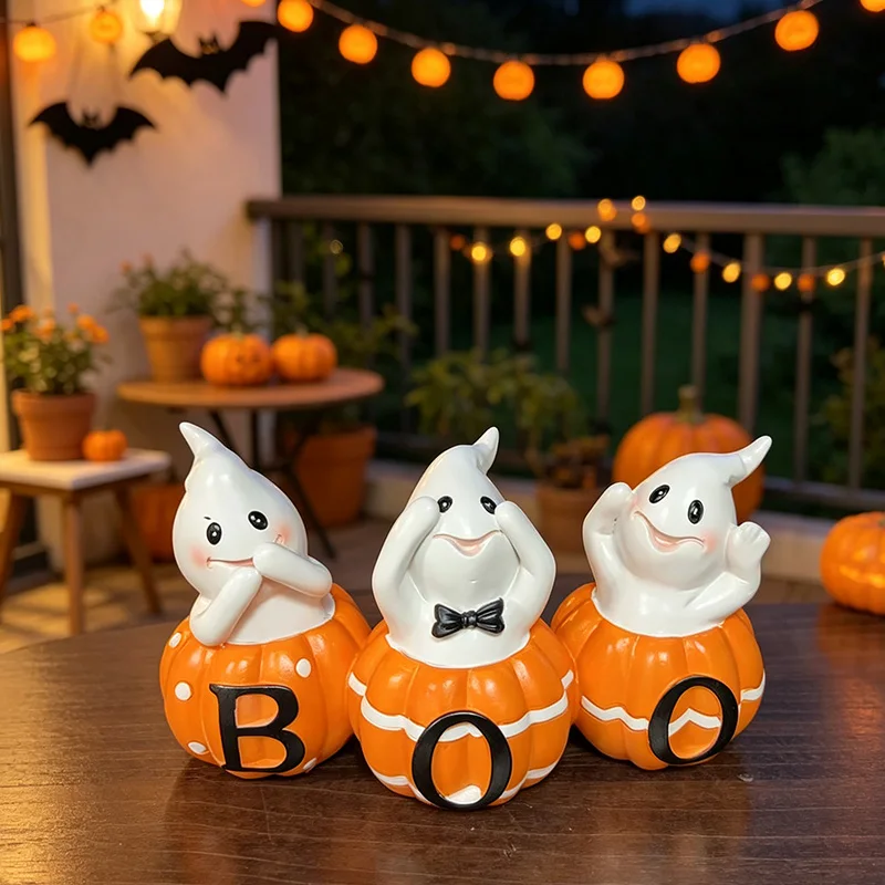BOO Pumpkin Ghost Resin Figurine Set, 3Pcs No See No Hear No Speak Ghost Pumpkin Ornament, Halloween Tabletop Party Decor
