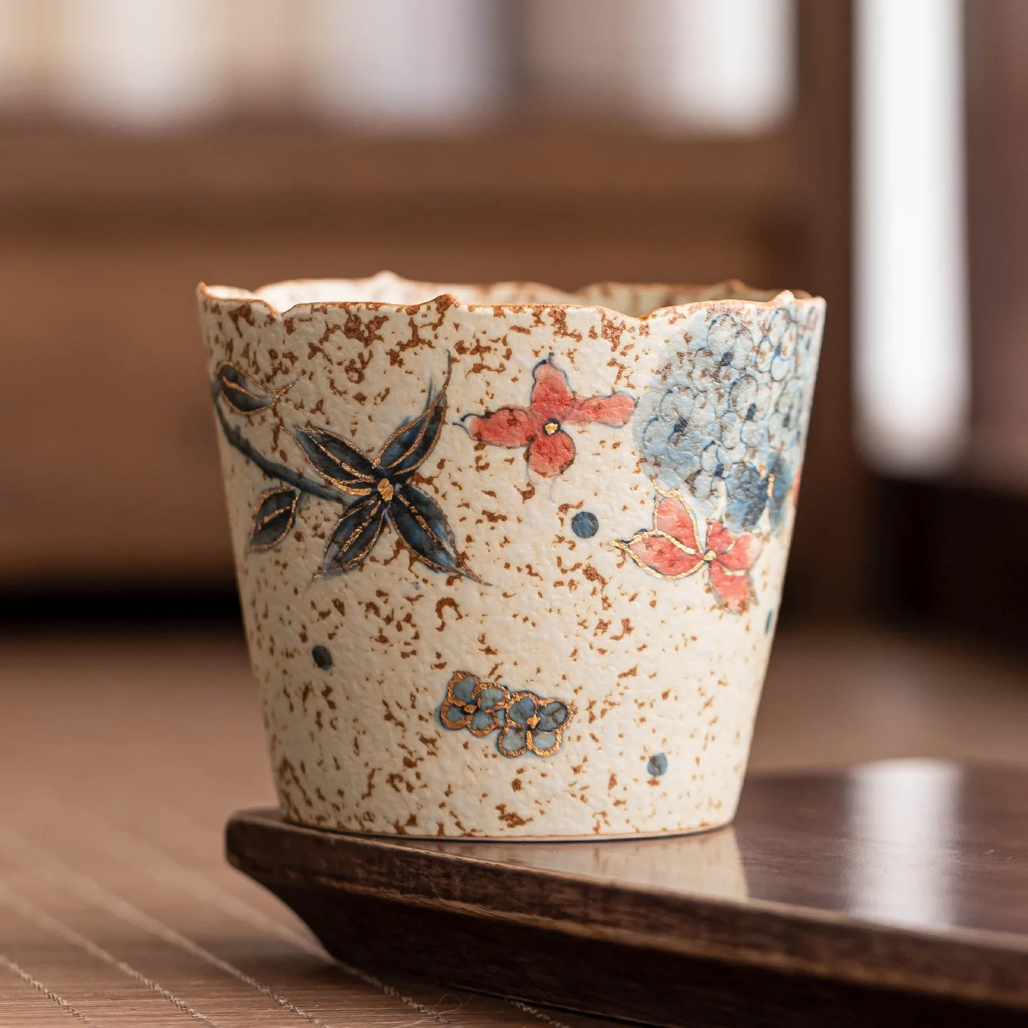 YFY blue and white flint red master cup hand-painted hydrangea tea cup ceramic flower mouth tea cup
