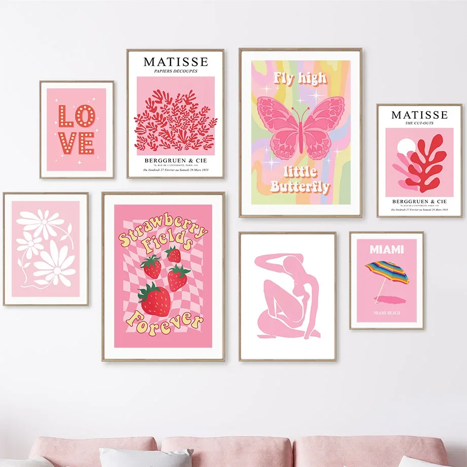 Abstract Wall Art Pictures Pink Coral Strawberry Butterfly Love Quotes Girl Silhouette Nordic Posters Prints Living Room Decor