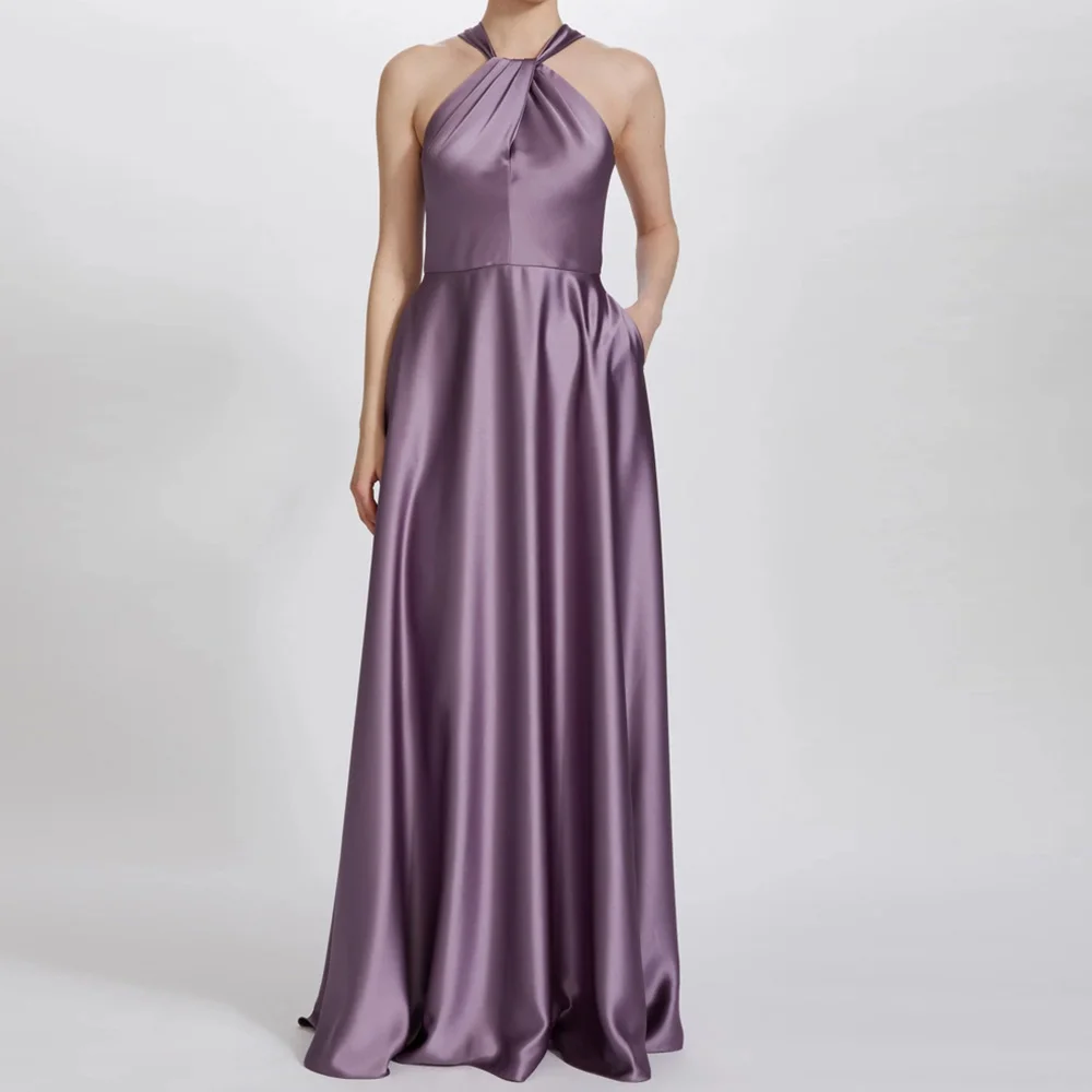 

Purple Halter Backless Satin Straight Zipper Back Sleeveless Floor Length Pockets Sweep Train Elegant Luxury Evening Dress 2024