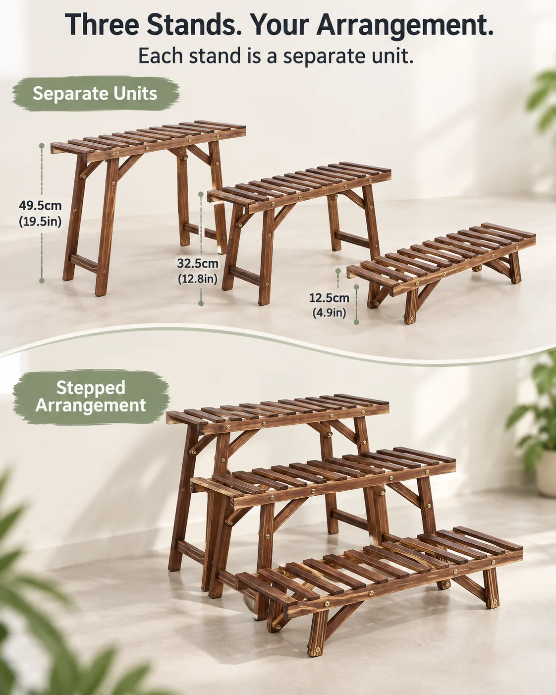 3 Pack Wooden Plant Stands Pine Wood Plant Shelf Set 70cm Wide Freestanding Flower Pot Display for Living Room Balcony