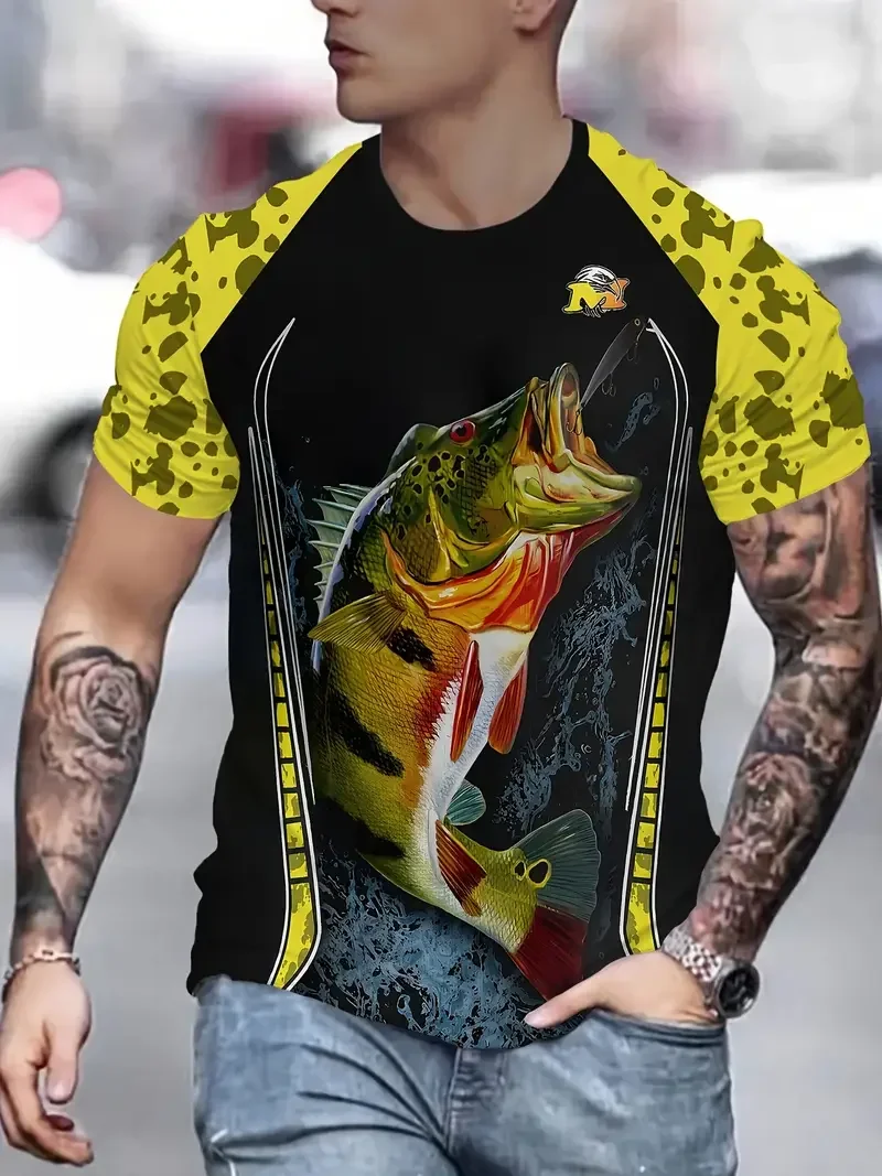 Men's Fishing Enthusiast Crew Neck 3D Print Fish Hook & Bass Graphic Plus Size Casual Sports Style Summer T-Shirt Tops