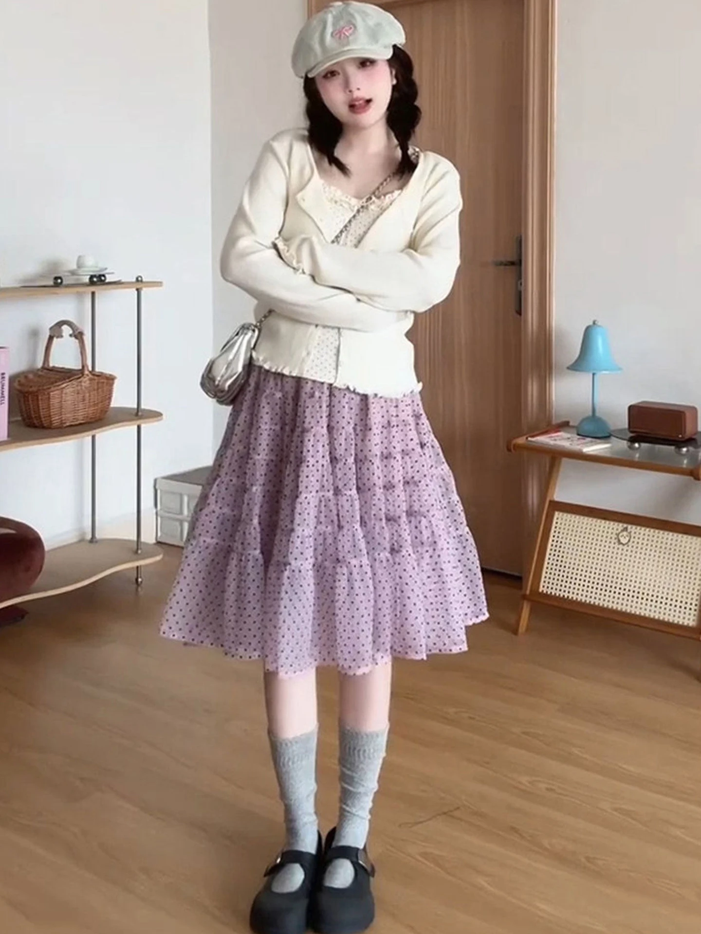 Pink Purple Polka Dot A-Line Skirt Women's plus Size Summer Cake Skirt High Waist Commute Style Casual All Seasons