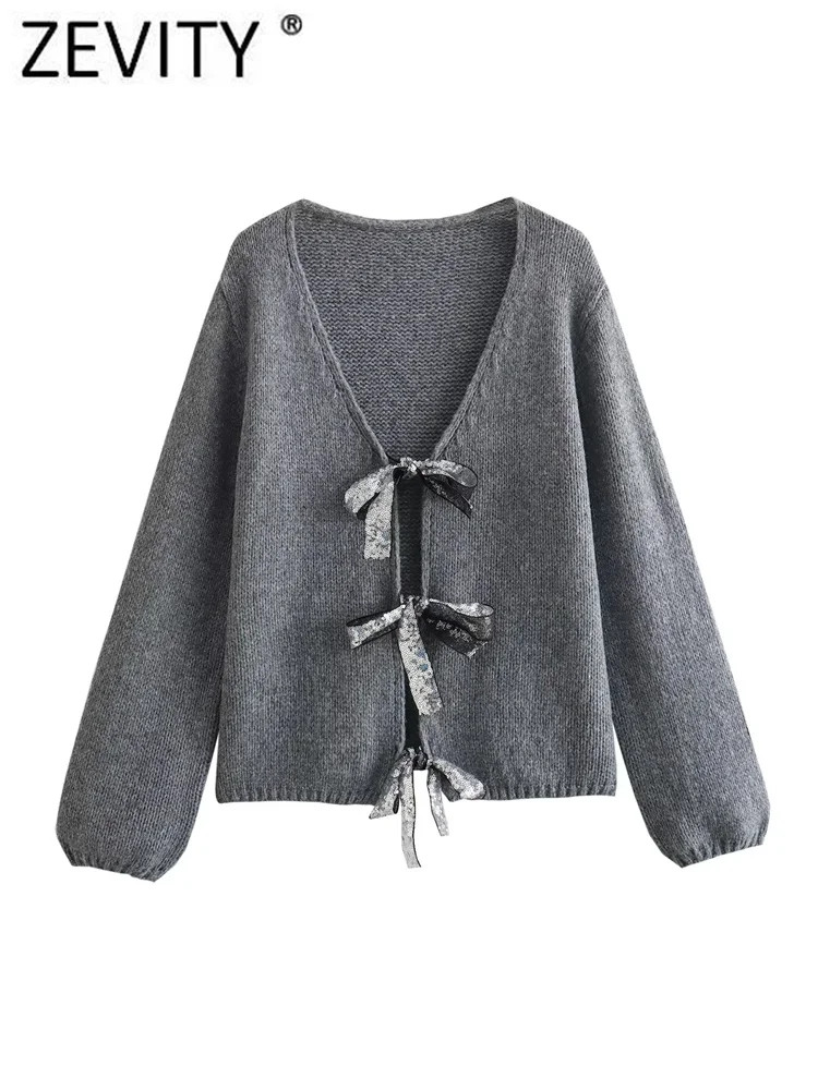 Zevity New Women Fashion V Neck Sequined Bow Belt Design Knitting Sweater Female Chic Eleagnt Cardigan Casual Coats Tops CT5891