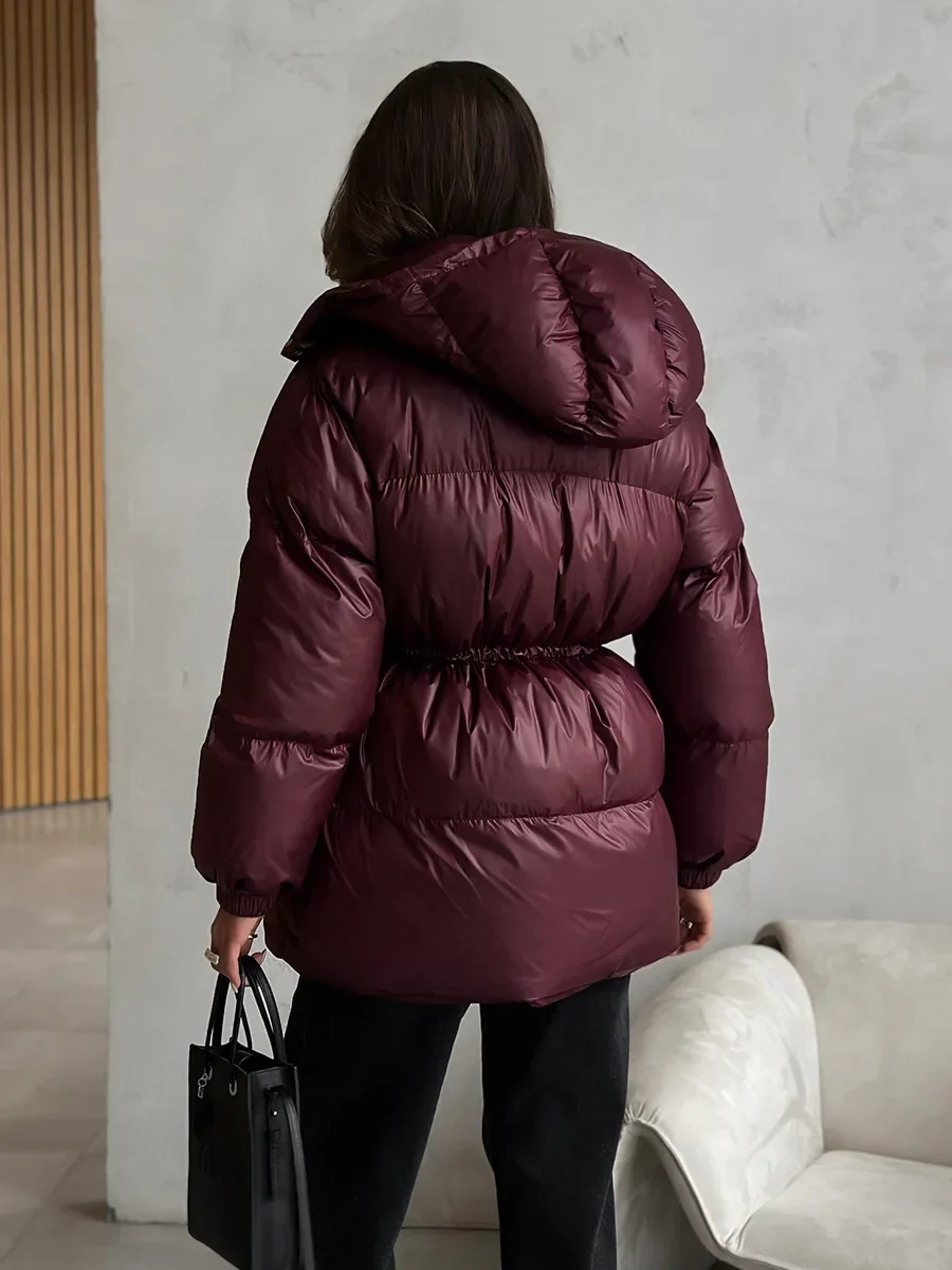 Fmxires 2025 Nuova giacca in cotone slim fit con coulisse Giacca invernale da donna in cotone con cerniera con cappuccio Comoda giacca da pane calda